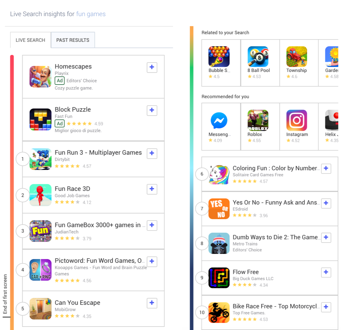 Example of AppTweak’s Live Search on the word “fun games” in the US Play Store - AppTweak ASO Tool Live Search feature